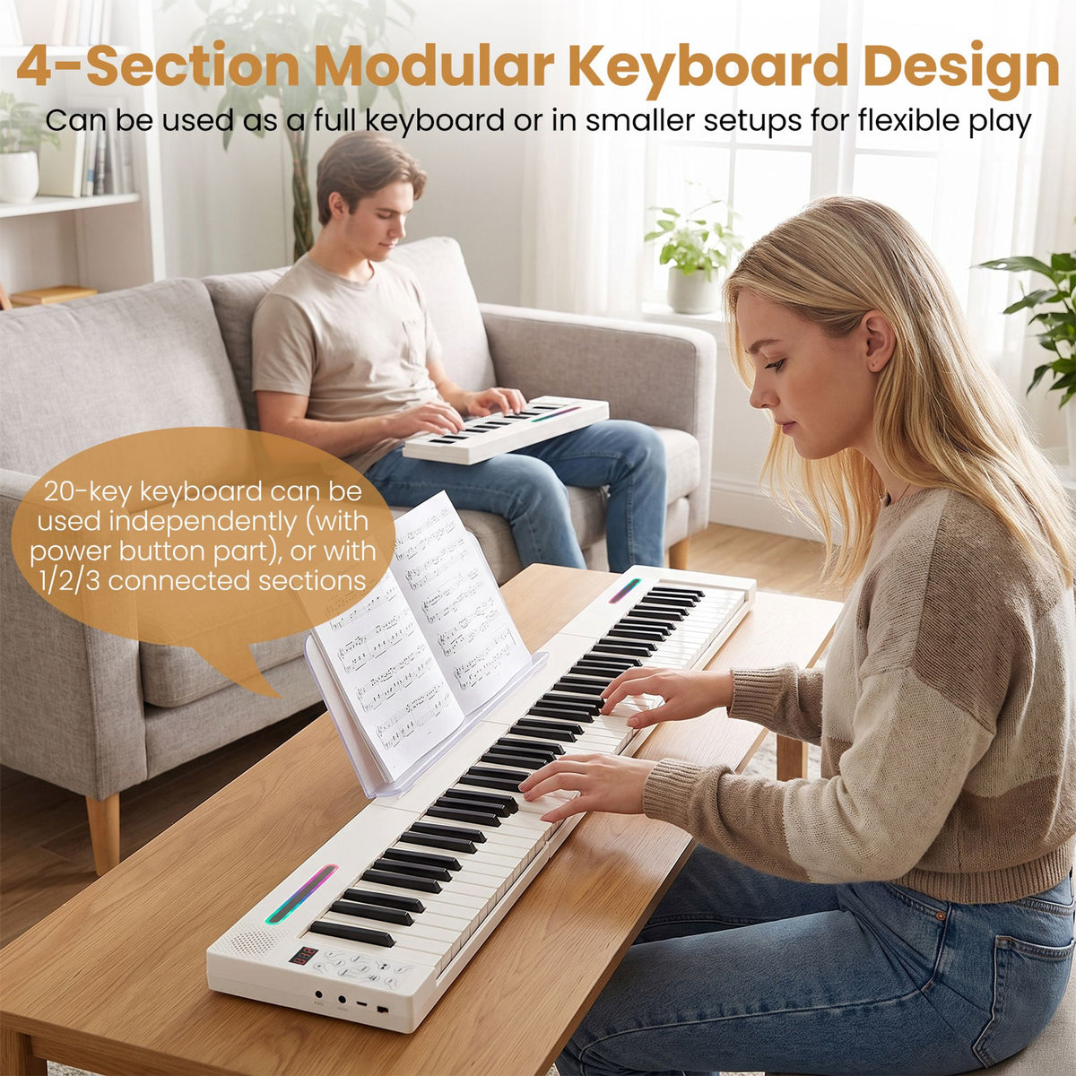 4PCS Portable Folding Full Size Electric Piano in White, image 5
