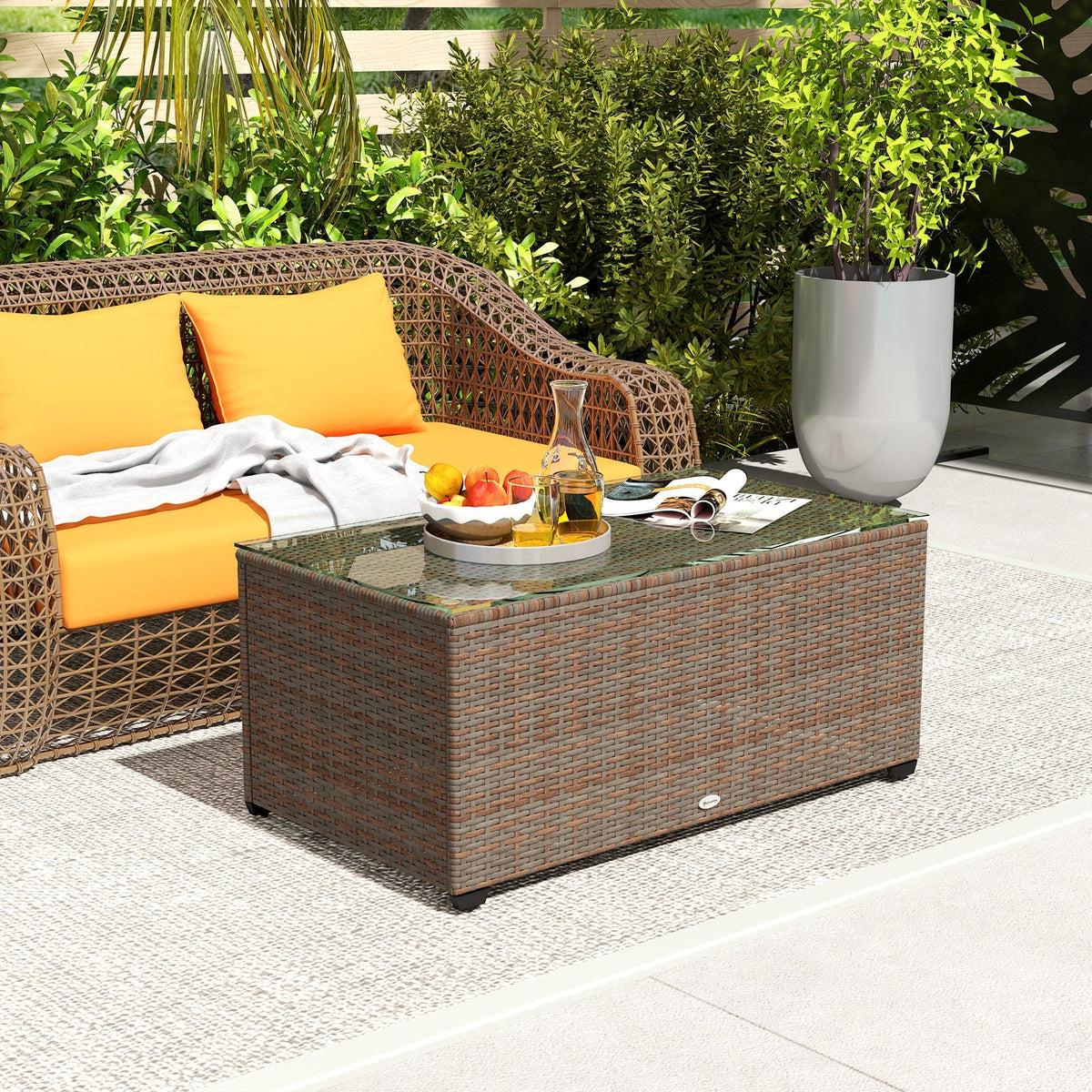 Outsunny 90 x 50cm Glass-Top Rattan Side Table - Brown