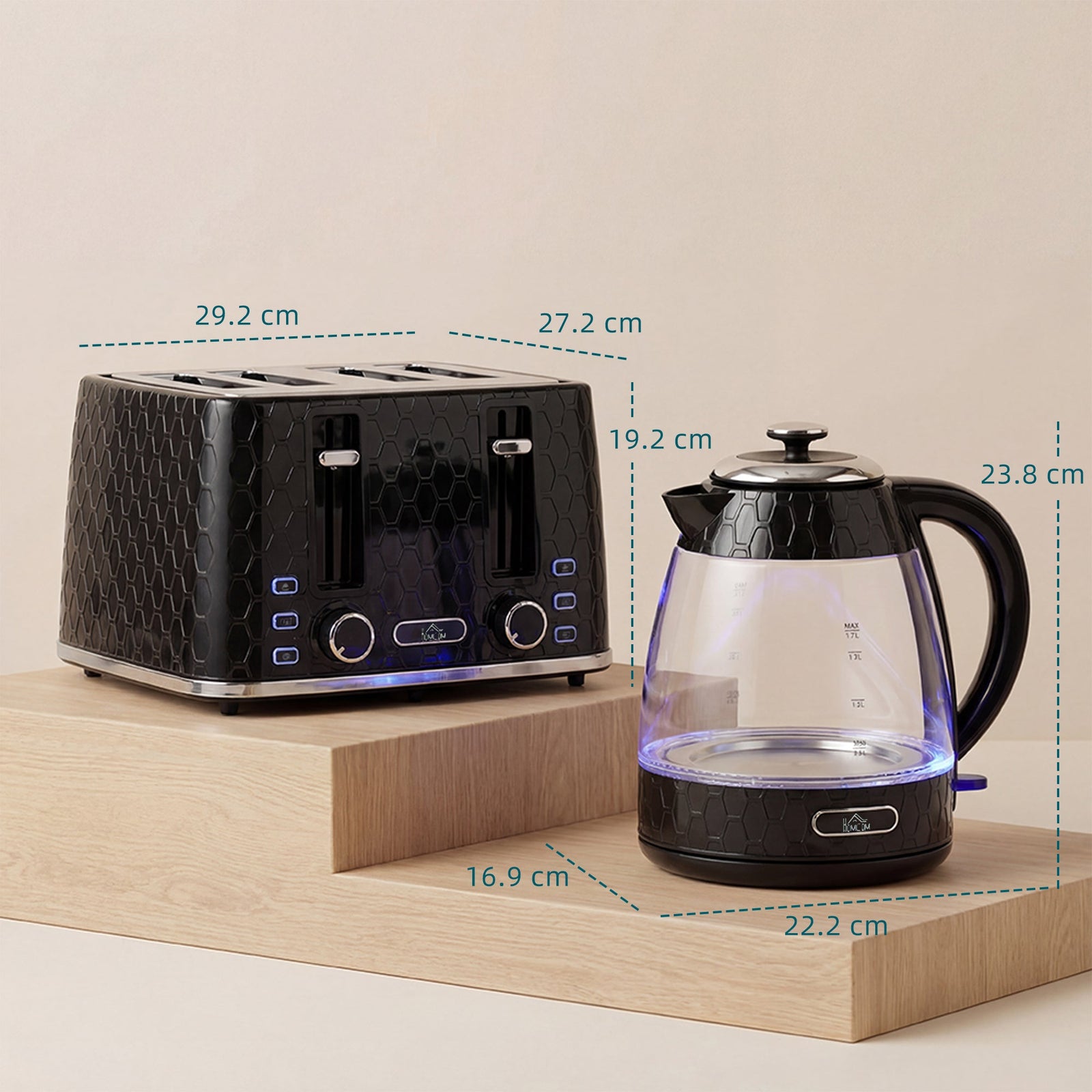 HOMCOM Kettle and Toaster Set, 1.7L 3000W Rapid Kettle with Strix Thermostat, 4 Slice Toaster with 7 Browning Controls, Black