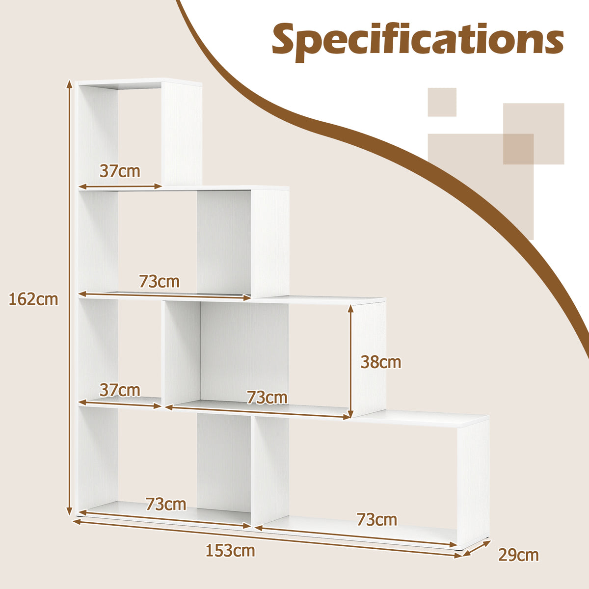 4-Tier Stepped Bookshelf Modern Ladder Bookcase with 6 Storage Cubes-White