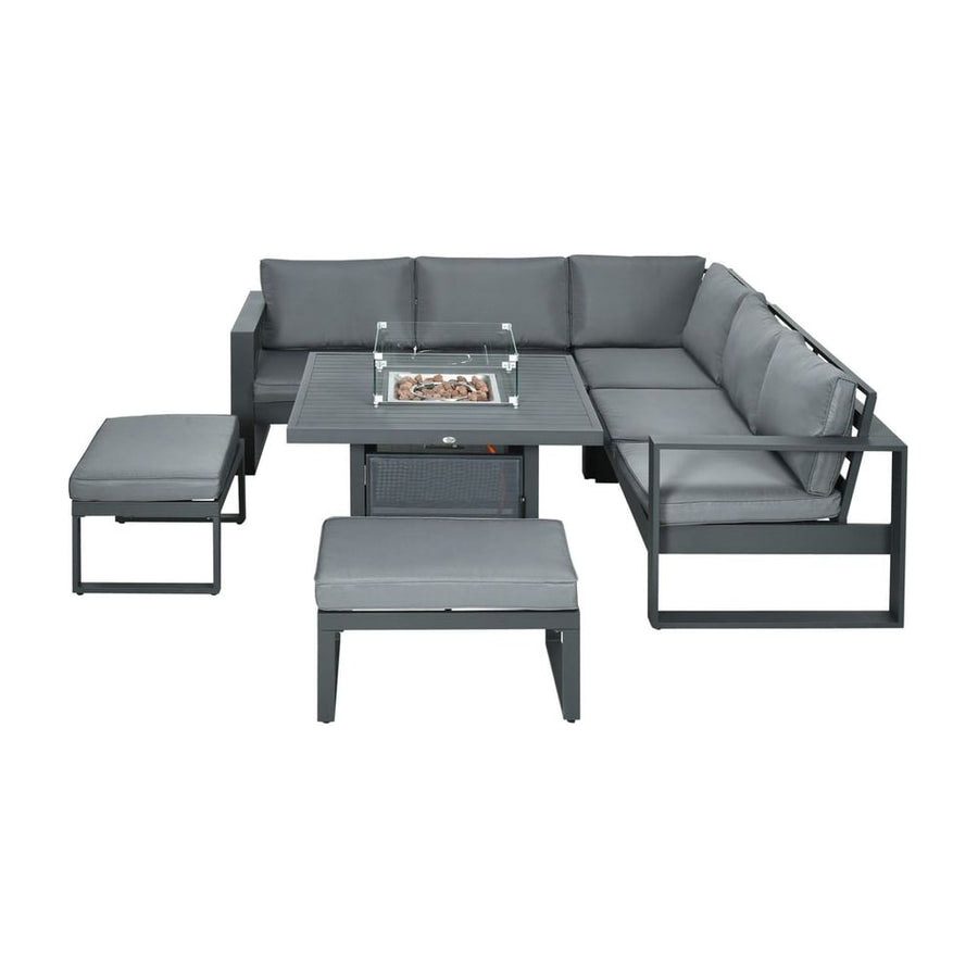 Outsunny 6-Piece Aluminium Garden Furniture Set with Fire Pit Table, Outdoor Dining Sofa Set with Cushions, Loveseats and