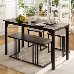 4-Piece Dining Table Set with Bench and 2 Stools for 4 Persons-Oak