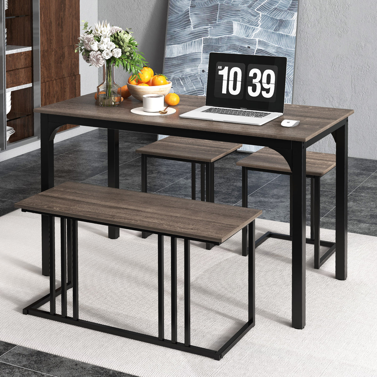 4-Piece Dining Table Set with Bench and 2 Stools for 4 Persons-Oak