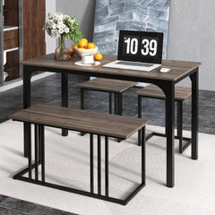 4-Piece Dining Table Set with Bench and 2 Stools for 4 Persons-Oak