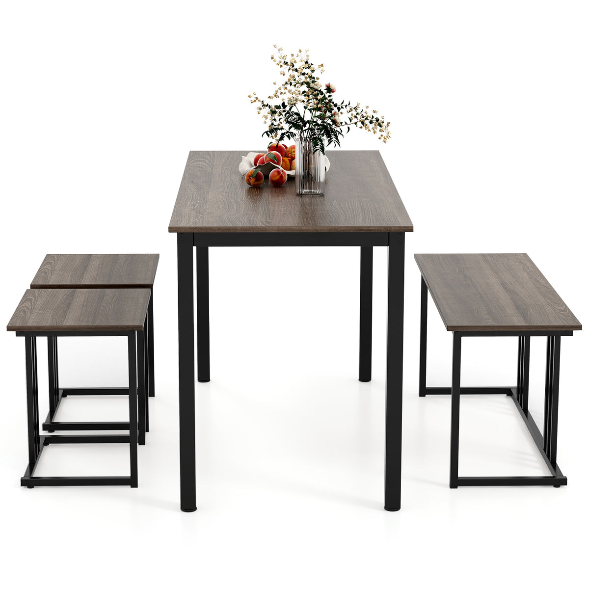 4-Piece Dining Table Set with Bench and 2 Stools for 4 Persons-Oak
