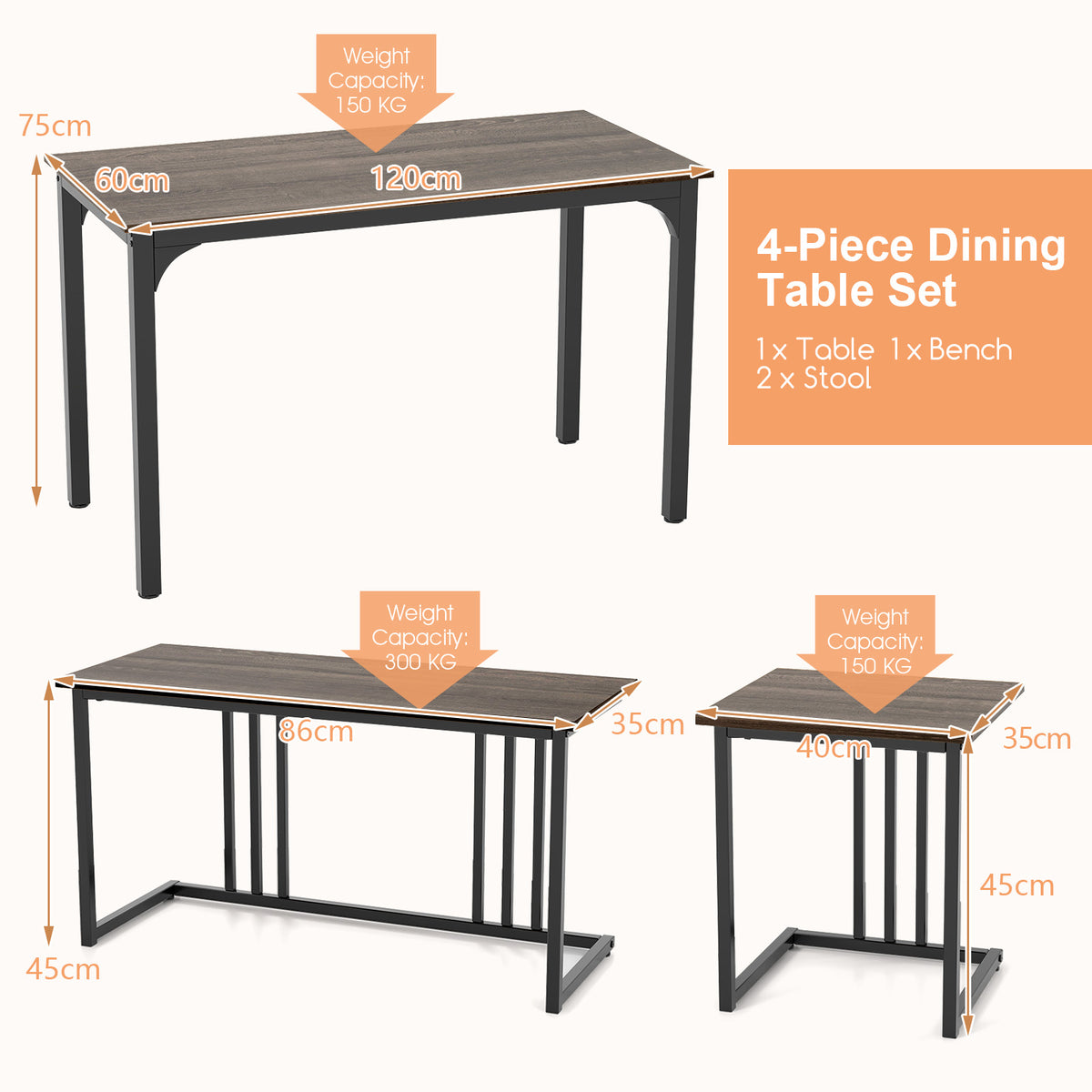 4-Piece Dining Table Set with Bench and 2 Stools for 4 Persons-Oak