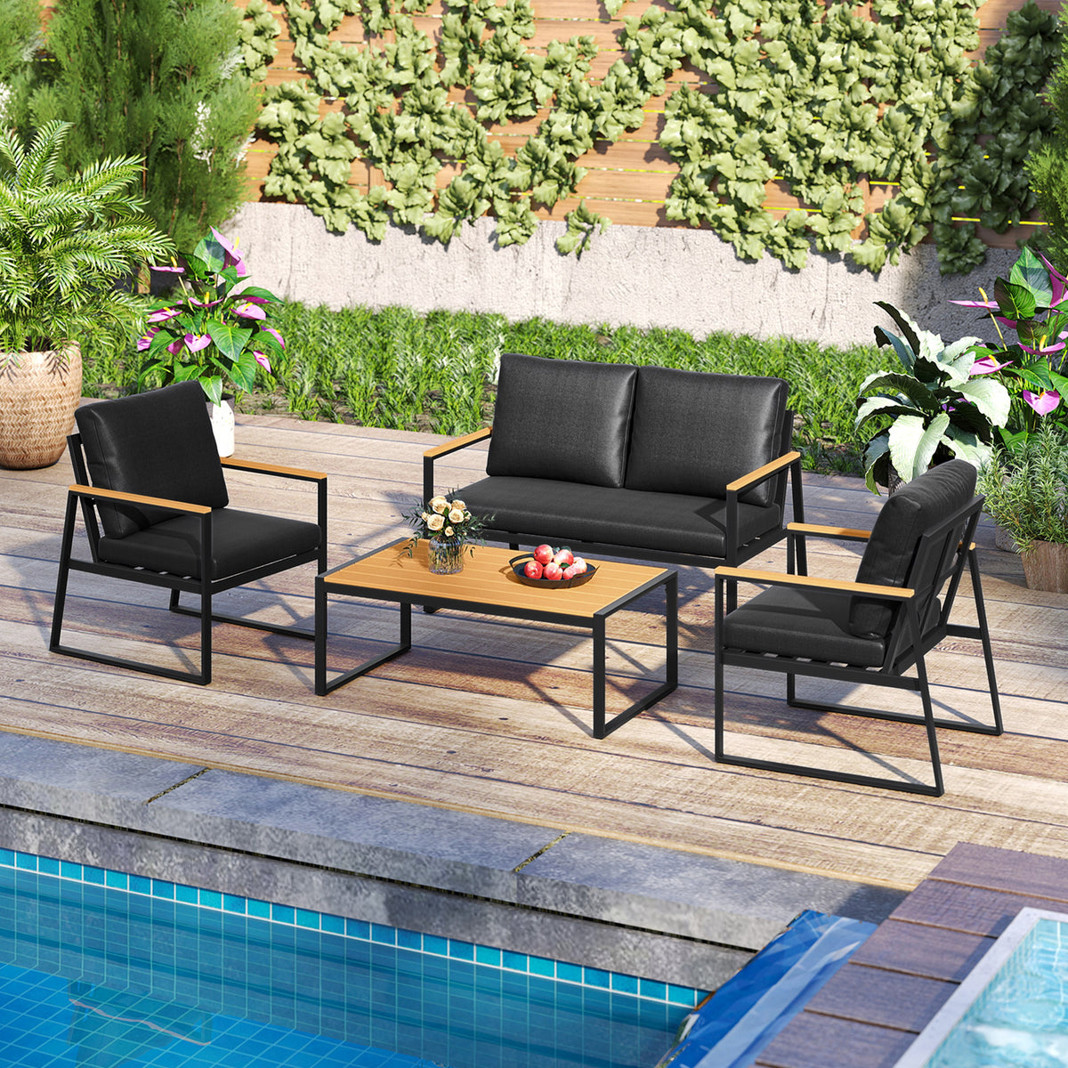 4 Pieces Patio Furniture Set with Thick Cushions for Backyard-Black