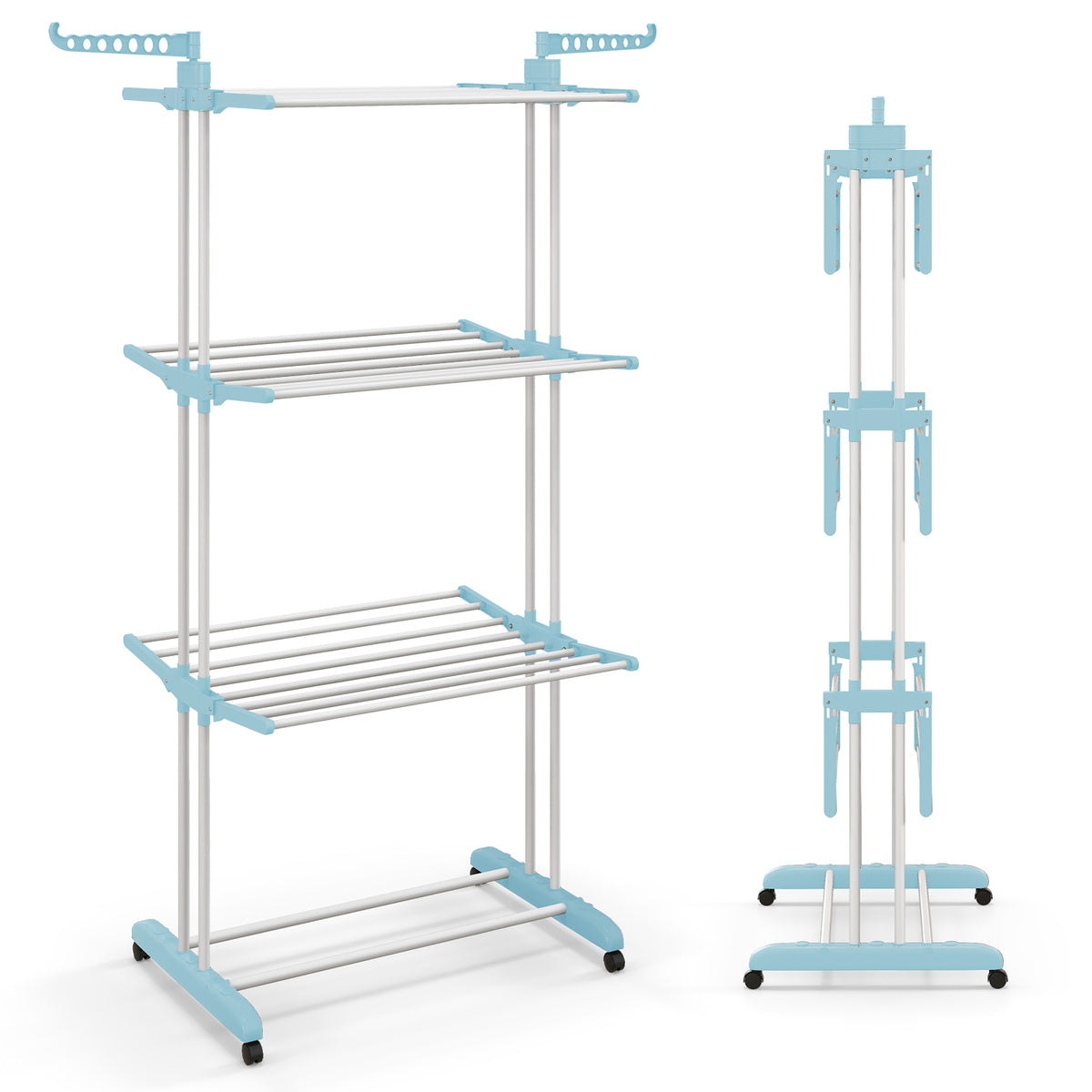 4-Tier Foldable Airer Clothes Drying Rack with Wings and Casters-Blue