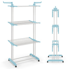 4-Tier Foldable Airer Clothes Drying Rack with Wings and Casters-Blue