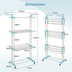 4-Tier Foldable Airer Clothes Drying Rack with Wings and Casters-Blue