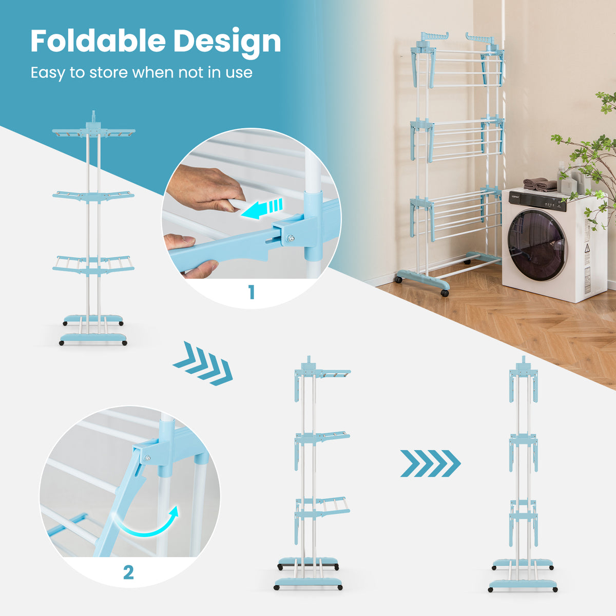 4-Tier Foldable Airer Clothes Drying Rack with Wings and Casters-Blue