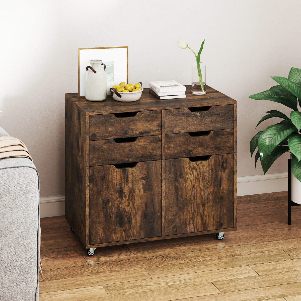 4 Drawer Dresser Chest with Doors and Universal Wheels-Rustic Brown