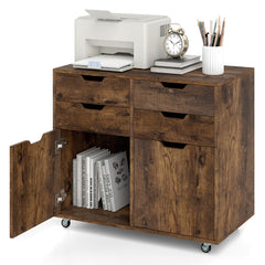 4 Drawer Dresser Chest with Doors and Universal Wheels-Rustic Brown