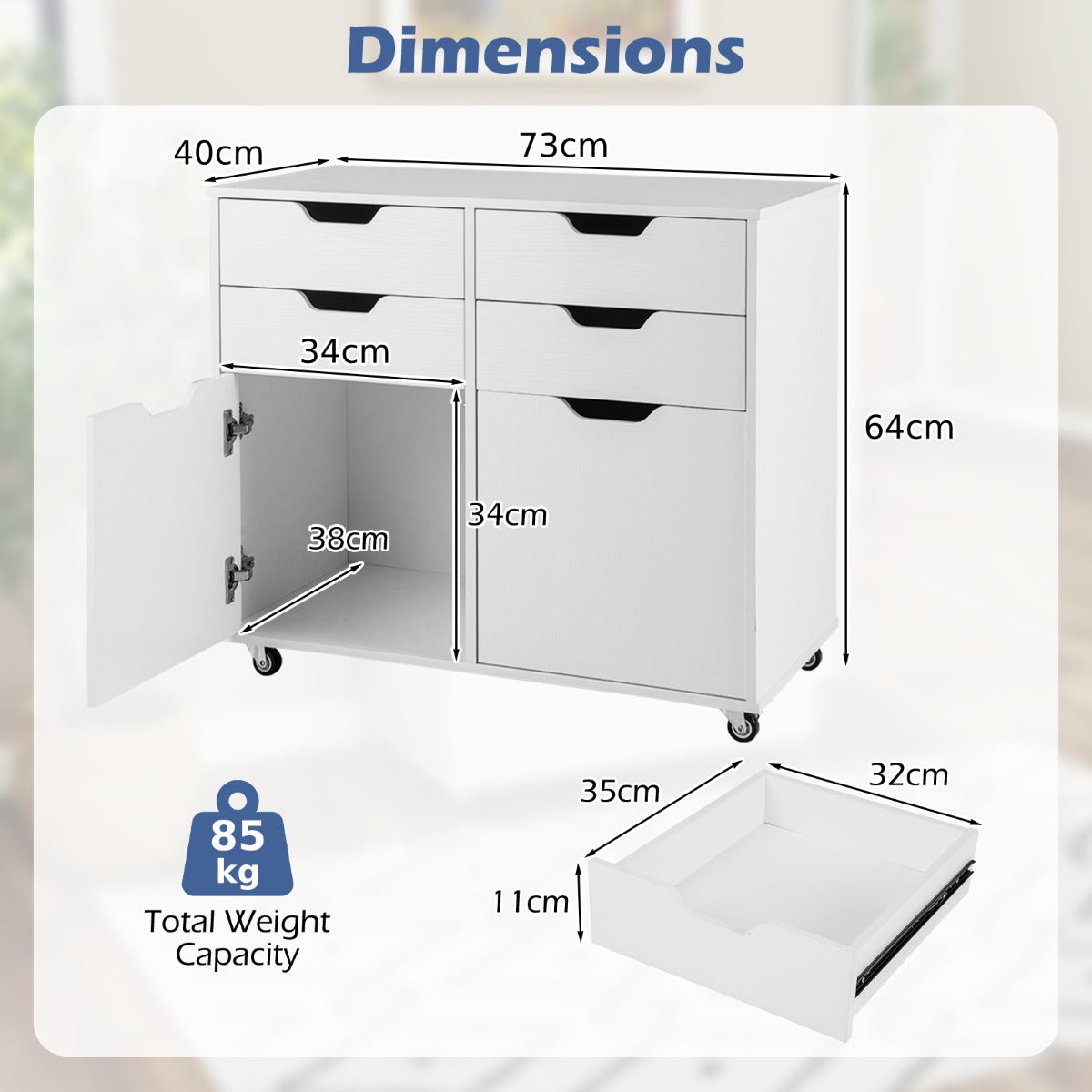 4 Drawer Dresser Chest with Doors and Universal Wheels-White