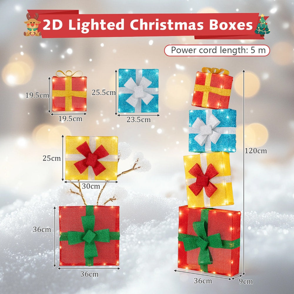 The gift boxes shown as individual units and a stacked tower with labels