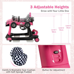 the baby walker showing height adjustment levels and the padded seat cushion