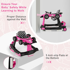 the baby walker highlighting safety features like anti-slip pads and wall clearance