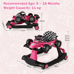 the baby walker shown in folded and upright positions with dimension lines
