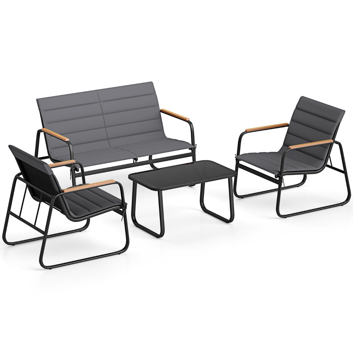 4 Pieces Outdoor Furniture Set with Cushions and Tempered Glass Table-Grey