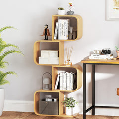 S-Shaped Bookcase Bamboo Bookshelf with 2 Open Cubes-4-Tier