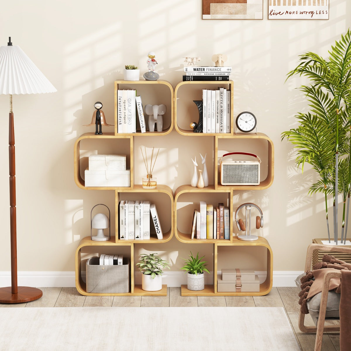 S-Shaped Bookcase Bamboo Bookshelf with 2 Open Cubes-4-Tier