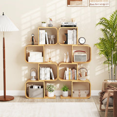 S-Shaped Bookcase Bamboo Bookshelf with 2 Open Cubes-4-Tier