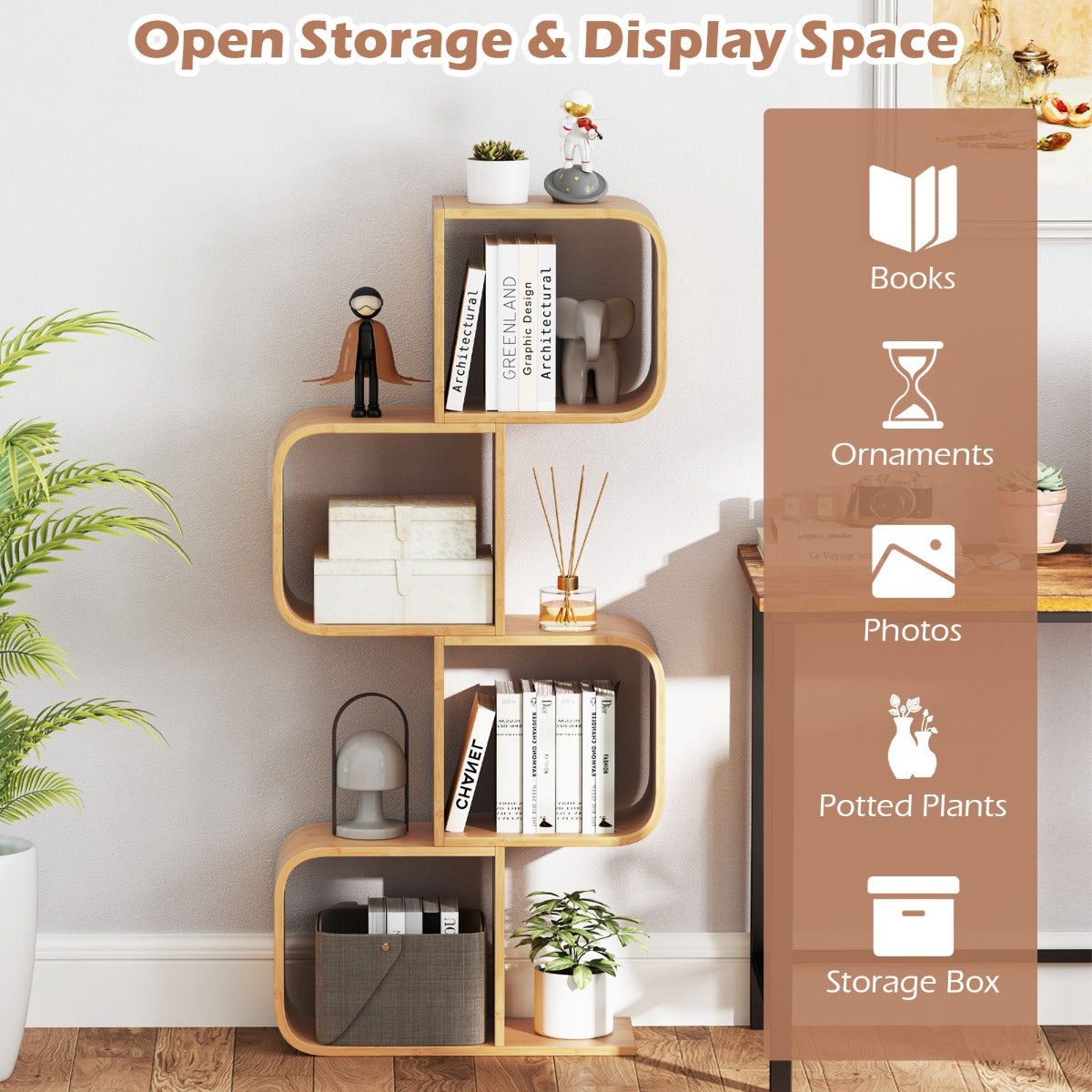S-Shaped Bookcase Bamboo Bookshelf with 2 Open Cubes-4-Tier