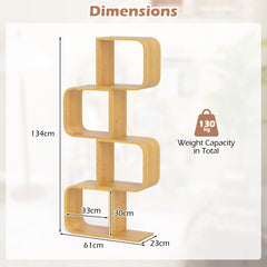 S-Shaped Bookcase Bamboo Bookshelf with 2 Open Cubes-4-Tier