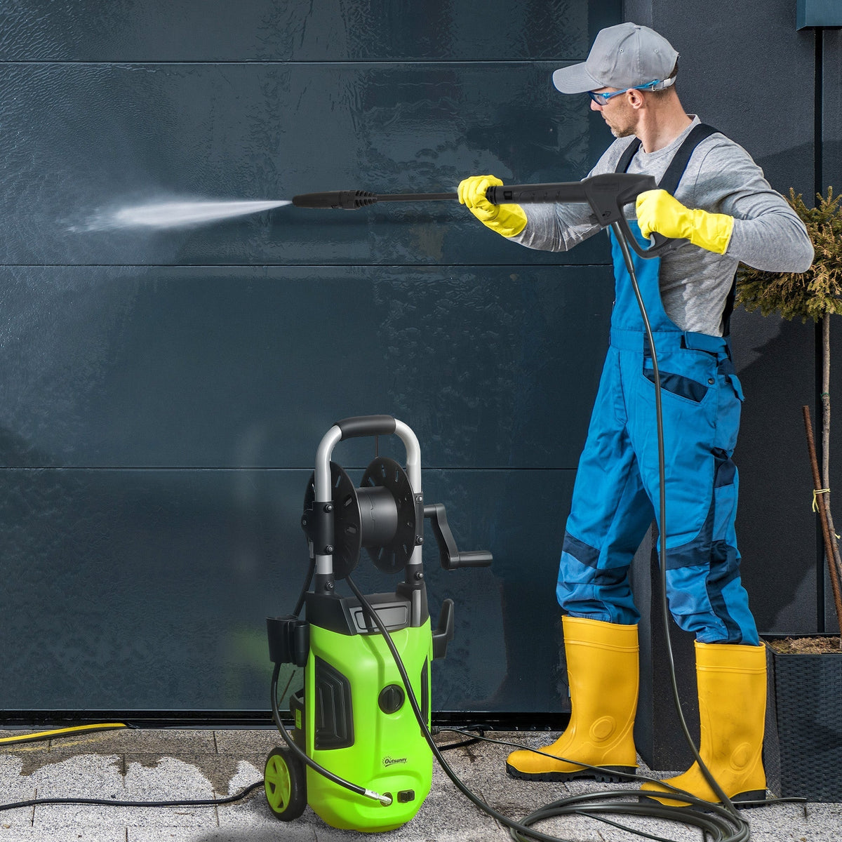 Outsunny 1800W High Pressure Washer, 150 Bar Pressure, 420 L/h Flow, Portable Power Washer Jet Wash Cleaner with Adjustable Nozzle, 6M Hose, Hose Reel, Steel Handle for Home Patio Car Driveway, Green