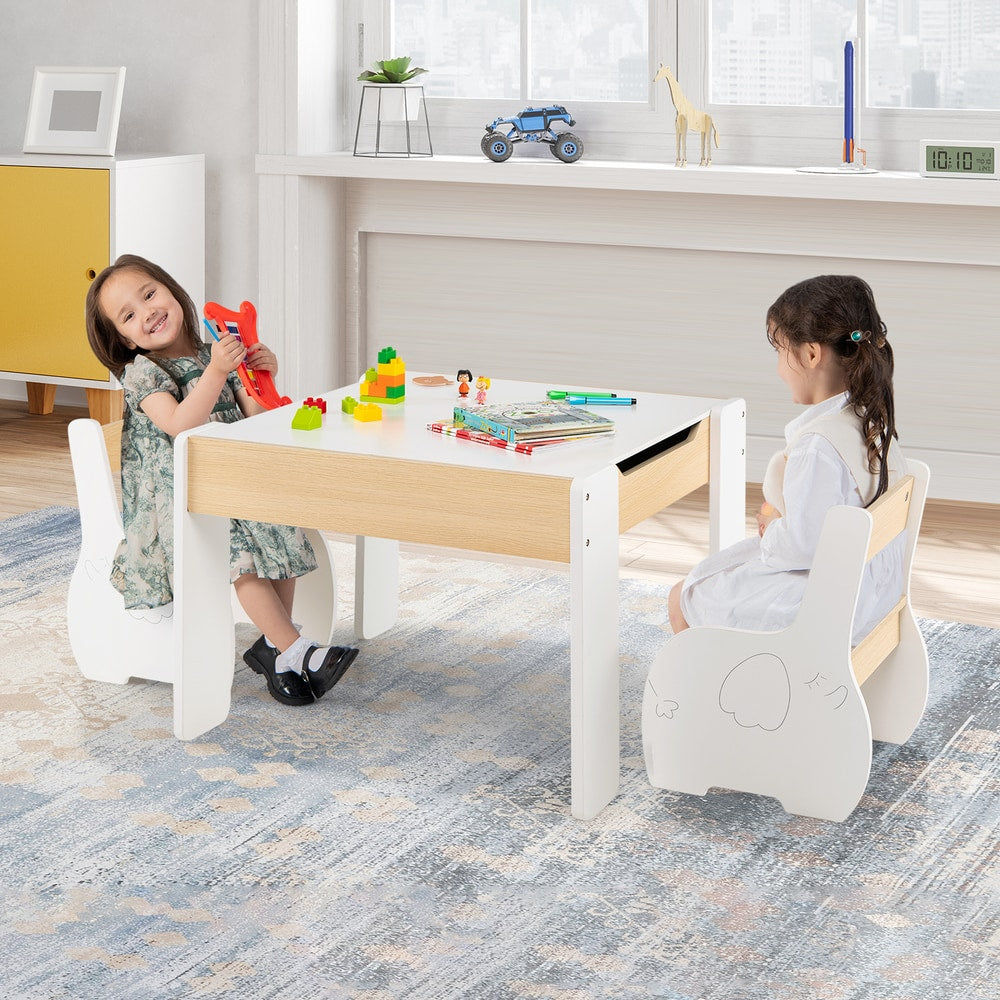 Wooden Kids Table and Chair Set with Hidden Storage in White