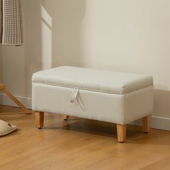 HOMCOM 30L Linen Storage Ottoman Padded Footstool with Rubberwood Legs for Storage Box, Bed End, Shoe Bench, Seating, Beige