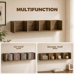 HOMCOM Wall Mount 84 CD / 56 DVD/Blu-ray/ Media Storage Rack 4 Cubes Wooden Shelf Organizer Unit Bookcase Display, Walnut