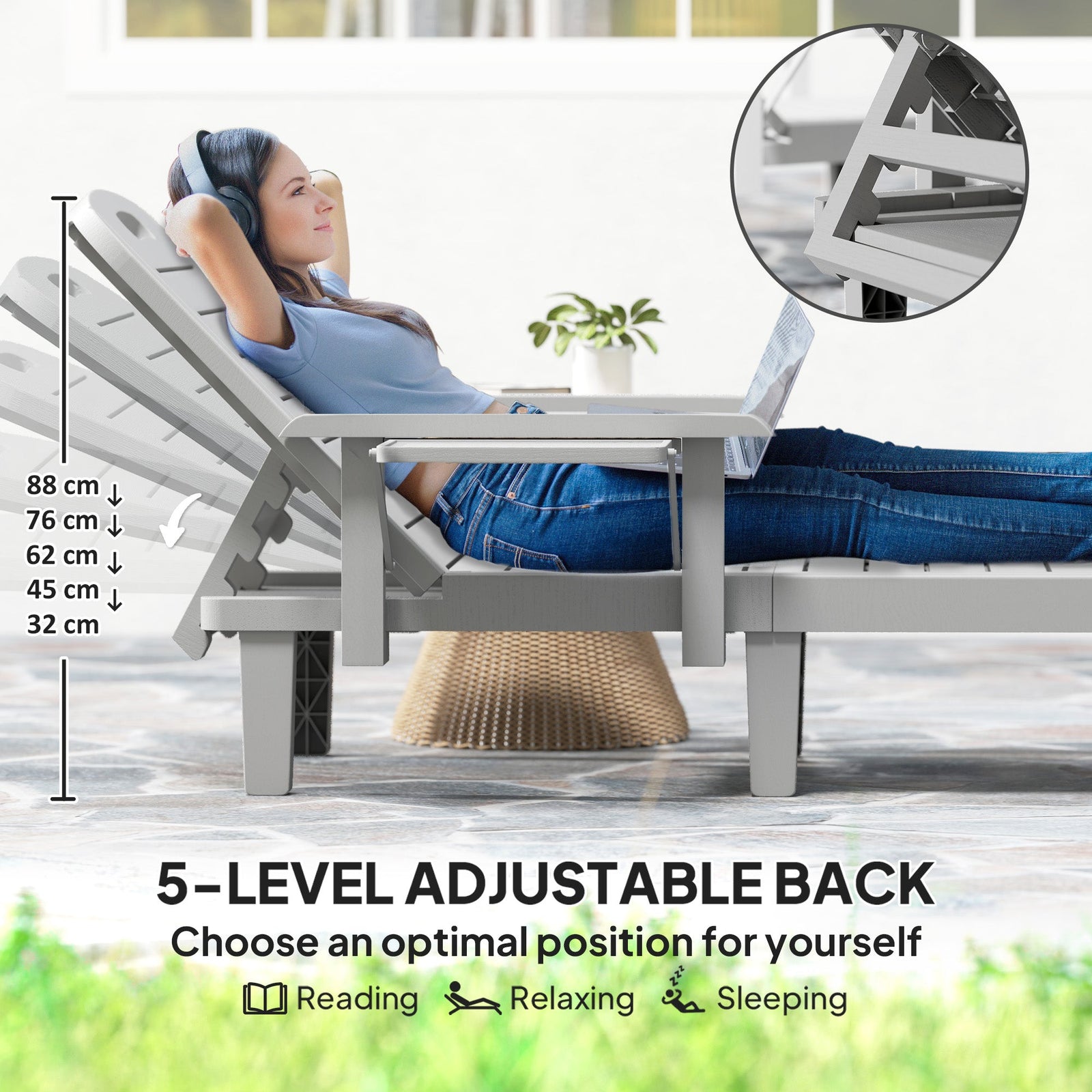 Outsunny Set of 2 Resin Reclining Sun Loungers for Garden, 5 Positions Adjustable Outdoor Chaise Lounge Chairs with Wood Texture Surface, Armrests, Foldable Side Table for Garden, Beach, Light Grey