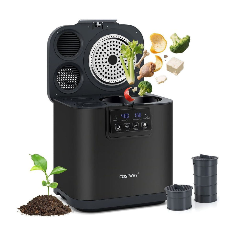 4L Electric Composter with Lid and Auto-Cleaning showing the lid open with food waste inside and composted soil next to it