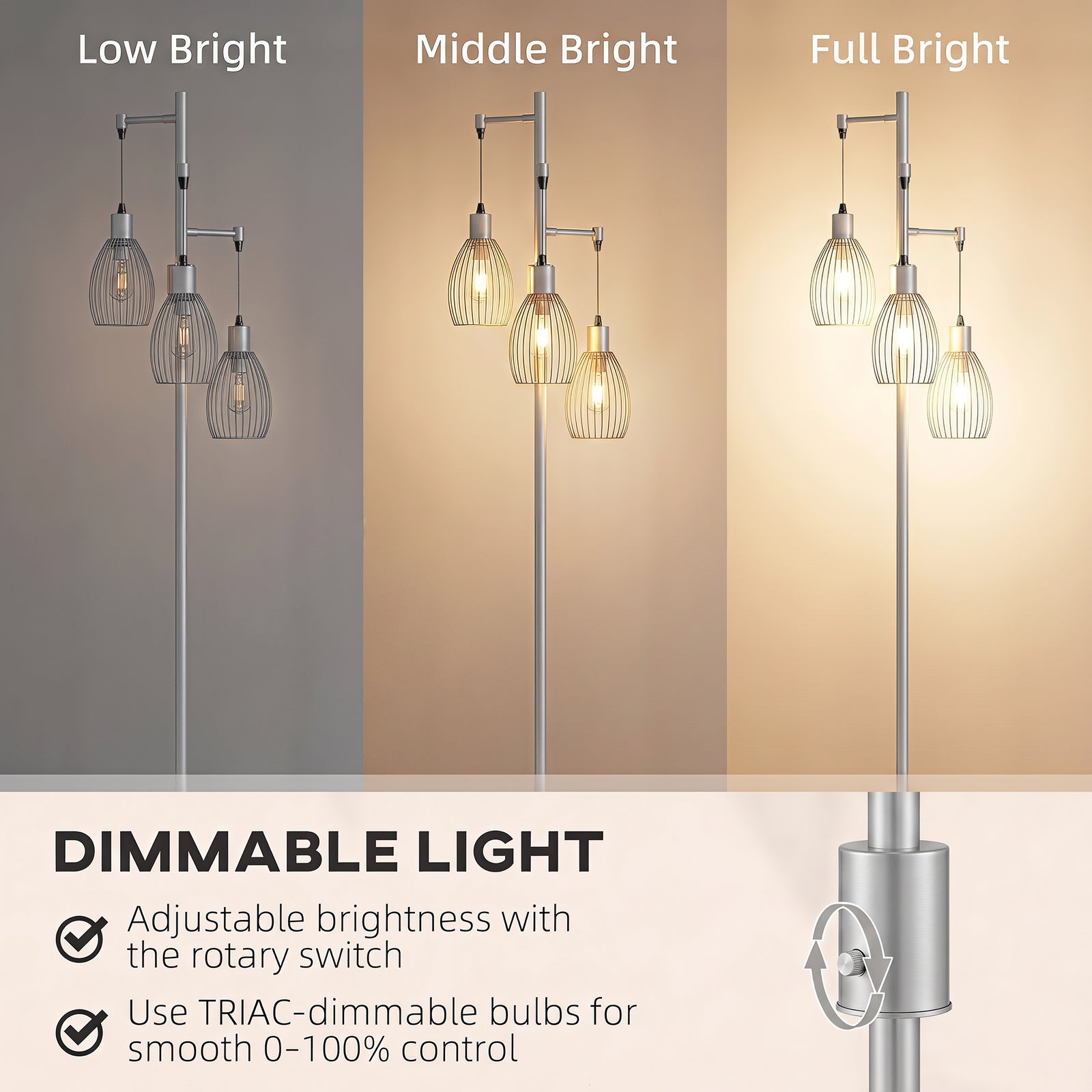HOMCOM 170.5cm Industrial Dimmable Standing Lamp, 3-Light Floor Lamp with Steel Wire Cage Lampshades, Silver Tone