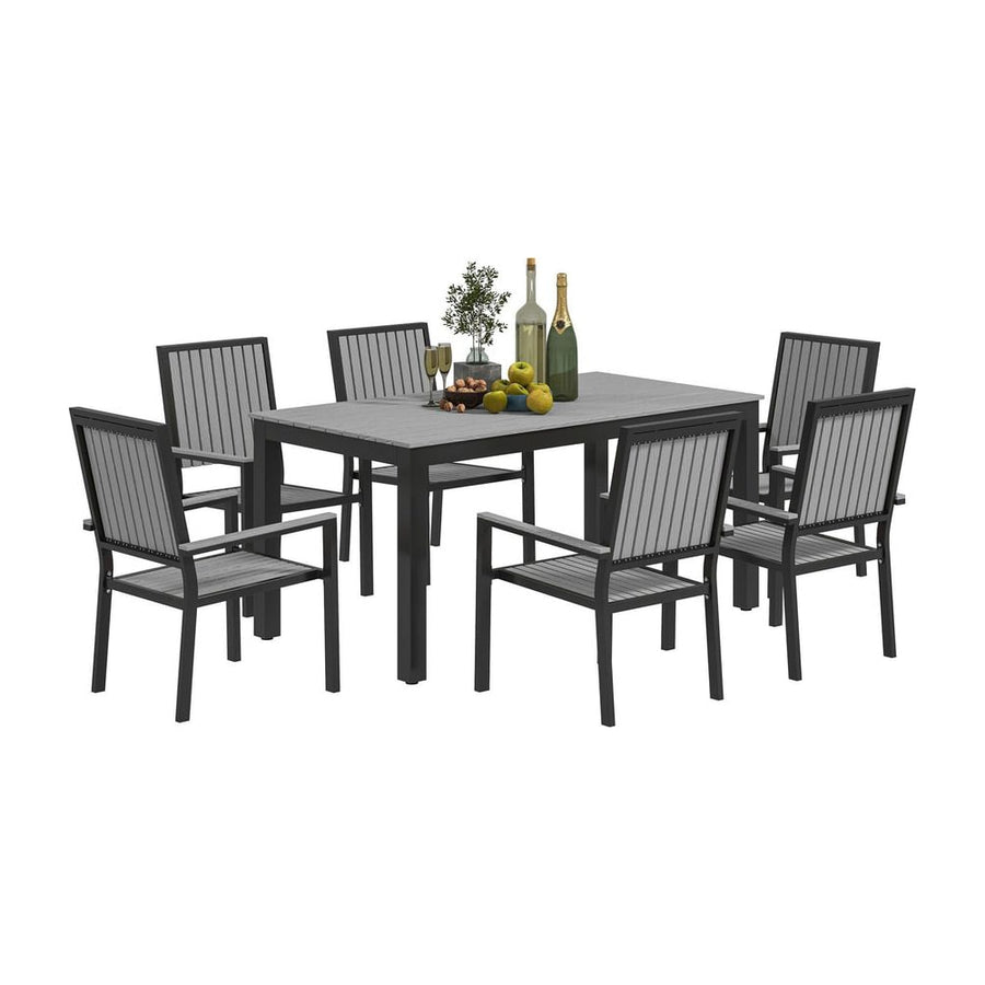 Outsunny 6 Seater Garden Dining Set with Stackable Chairs, Aluminium Frame, Rectangular Plastic Top, Garden Furniture Set