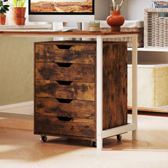 5 Drawer Chest with Lockable Wheels for Home Office-Brown