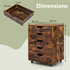 5 Drawer Chest with Lockable Wheels for Home Office-Brown
