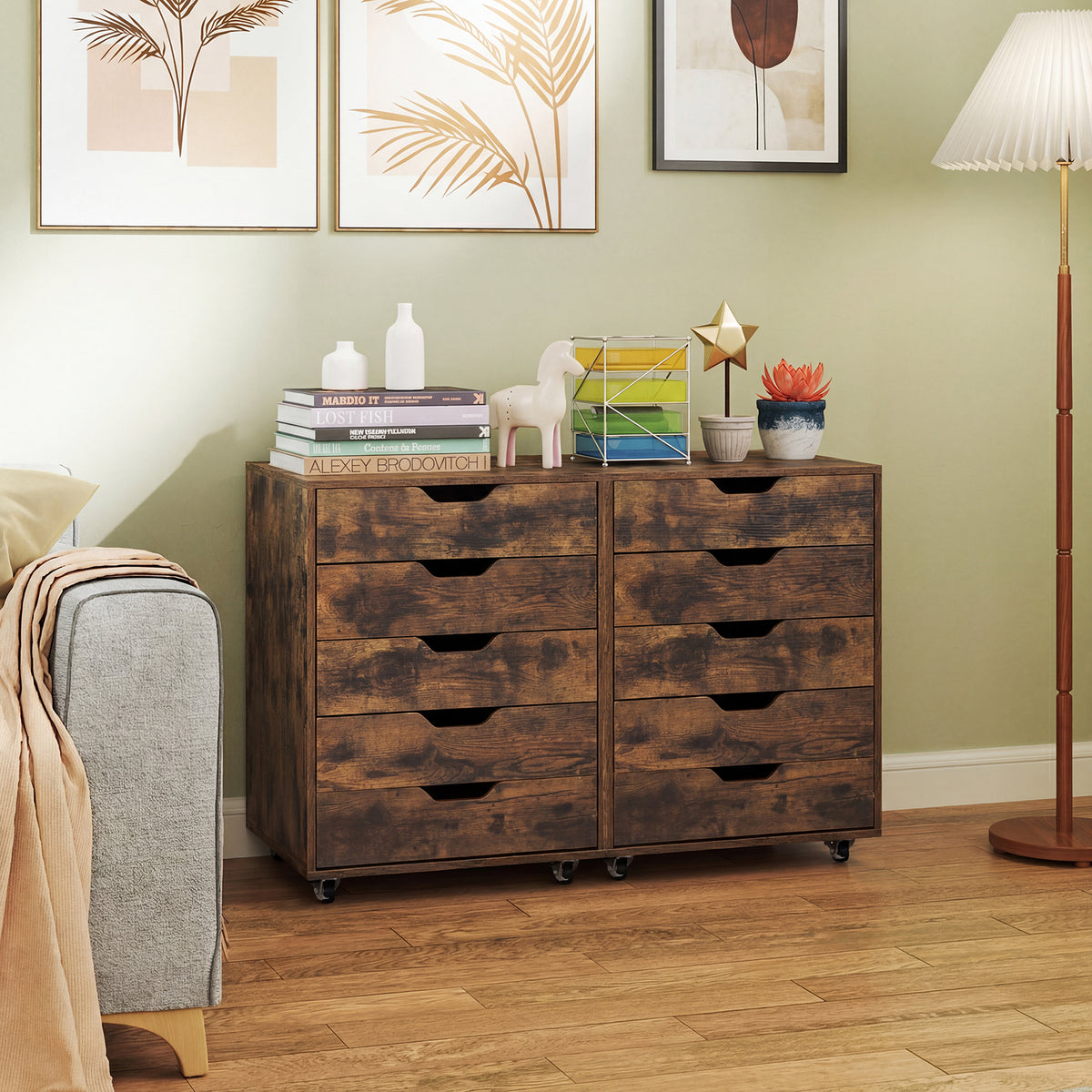 5 Drawer Chest with Lockable Wheels for Home Office-Brown