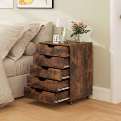5 Drawer Chest with Lockable Wheels for Home Office-Brown