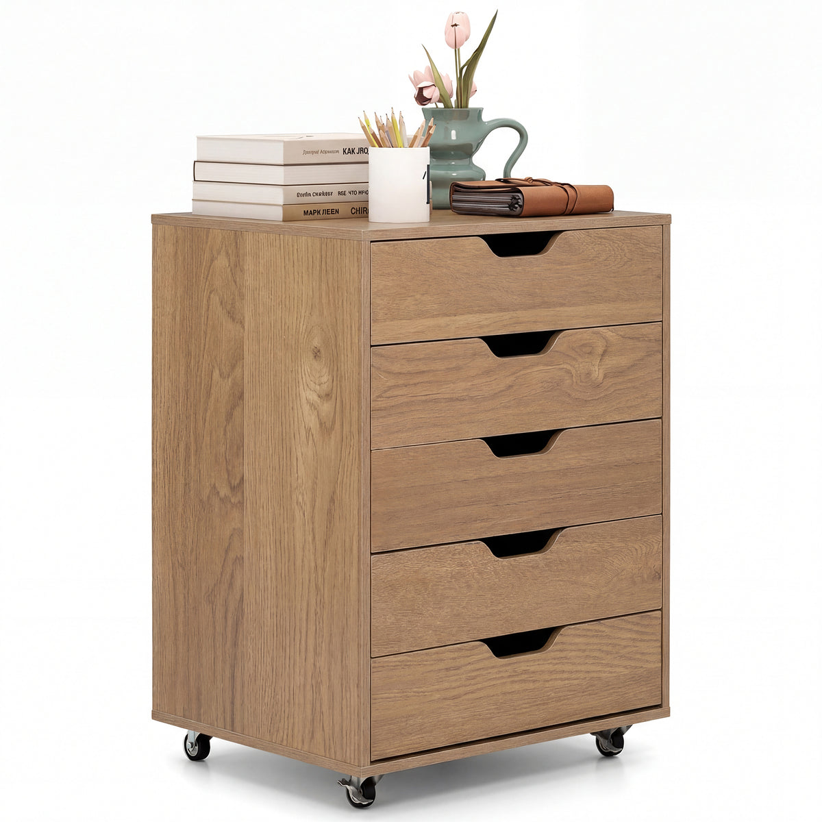 5 Drawer Chest with Lockable Wheels for Home Office-Natural
