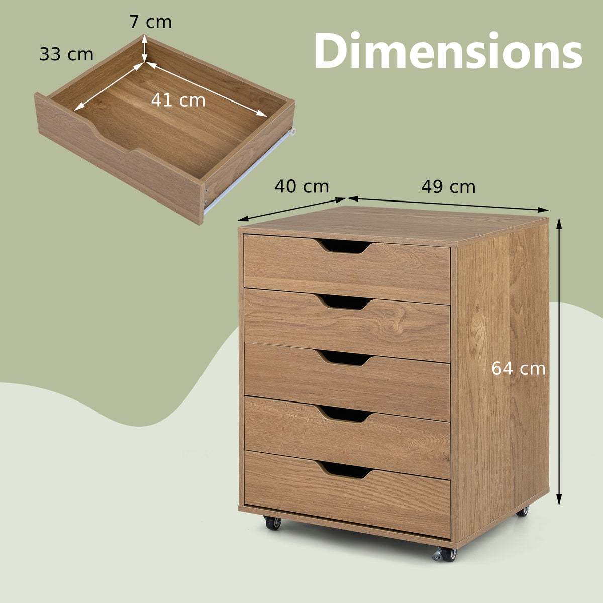5 Drawer Chest with Lockable Wheels for Home Office-Natural