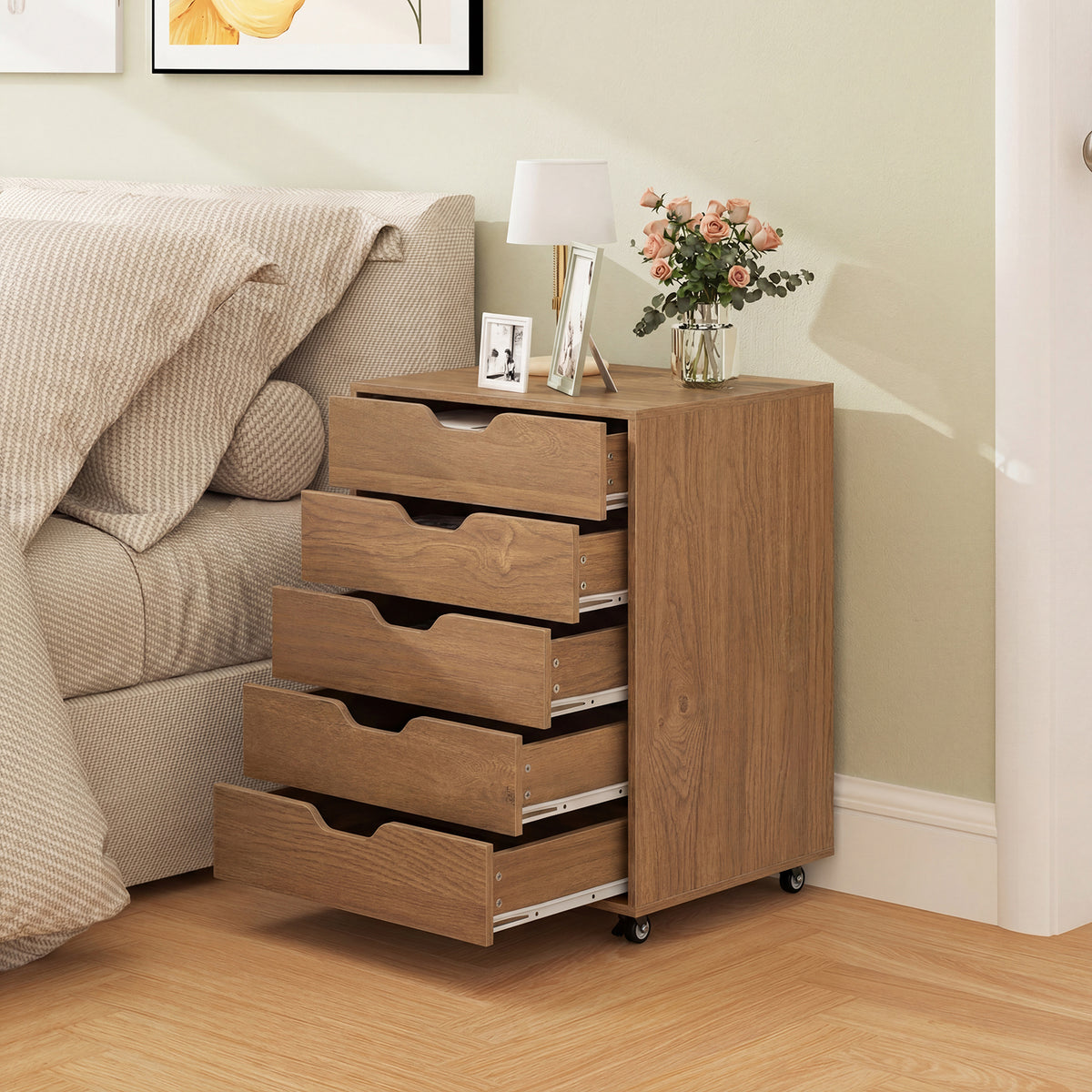 5 Drawer Chest with Lockable Wheels for Home Office-Natural
