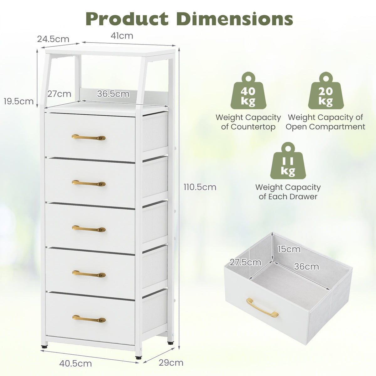 The chest of drawers showing technical dimensions and weight capacity labels