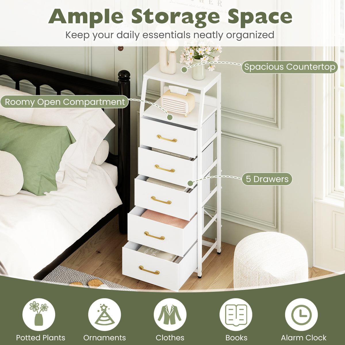 5-Drawer Storage Cabinet with Detachable Foldable Fabric Drawers and Anti-Tipping Kits-White