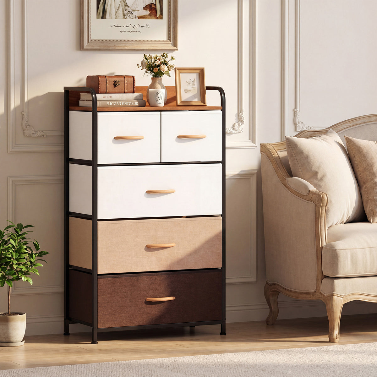 5-Drawer Tall Narrow Fabric Dresser with Removable Fabric Bins-Multicolor