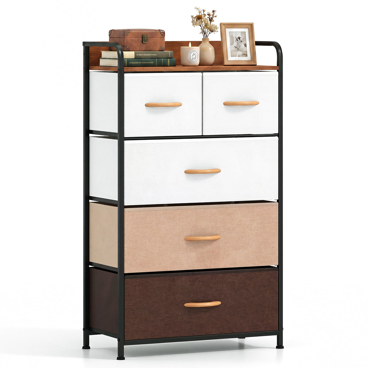 5-Drawer Tall Narrow Fabric Dresser with Removable Fabric Bins-Multicolor