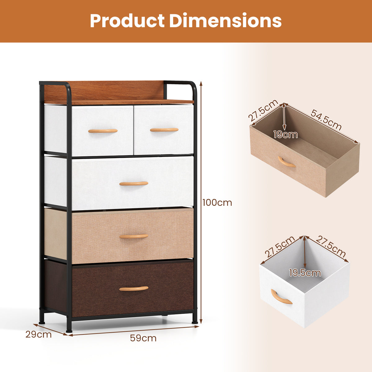5-Drawer Tall Narrow Fabric Dresser with Removable Fabric Bins-Multicolor