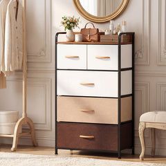 5-Drawer Tall Narrow Fabric Dresser with Removable Fabric Bins-Multicolor
