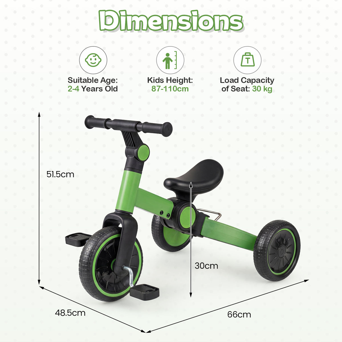 5-In-1 Toddler Bike Kids Balance Bike with Removable Pedals-Green